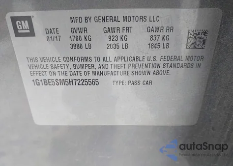 2017 Chevrolet Cruze Lt Auto из США, поврежденный, VIN 1G1BE5SM5H7225565